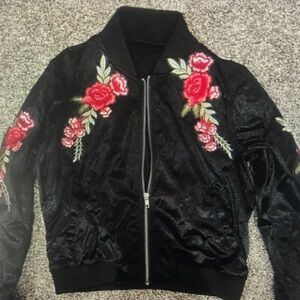 Black Floral Embroidered Bomber Jacket - Women